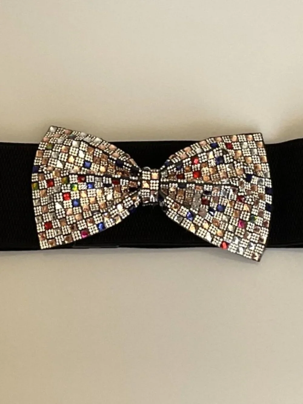 NWT Y2K Glam Multicolor Rhinestone Bow Elastic Waist Belt Black M/L Party